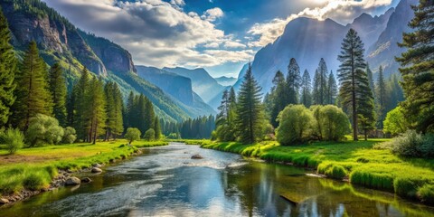Tranquil mountain valley with a peaceful stream and lush tree , serene, nature, peaceful, landscape, scenic, mountains, valley