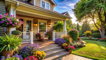 Fototapeta premium Serene outdoor oasis featuring a charming porch surrounded by lush greenery, vibrant flowers, and natural textures, evoking feelings of relaxation and tranquility.