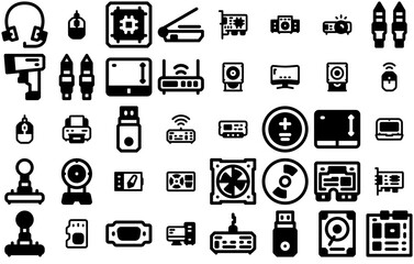 Mega Set Of Vector Computer Component X32 Solidline Isolated Silhouette Solid Icons With Device,Digital,Computer,Hardware,Electronic Solid Icon Collection. Vector Illustration
