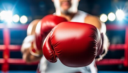 A boxer holding a red boxing gloves to the camera in focus; red boxing gloves in closeup with a blurred background; in focus and blurred background