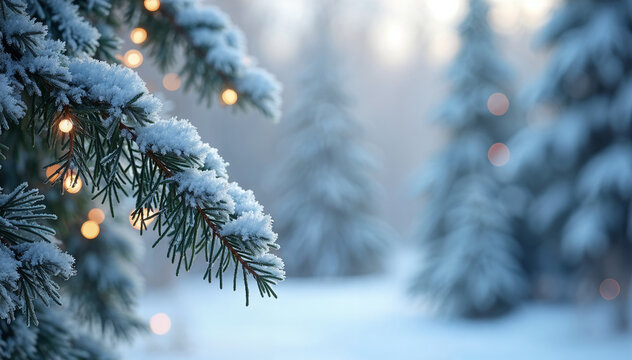 Christmas theme tree branches covered with snow