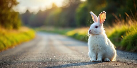A fluffy white rabbit sitting in the middle of a winding country road , bunny, wildlife, animal, pavement, rural, transportation