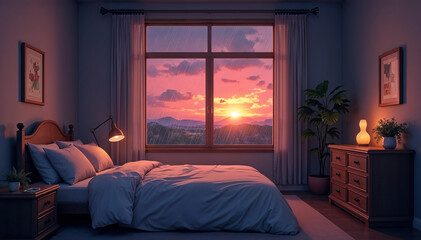 interior of room lofi image, sunshine outdoor 2d cartoon room view