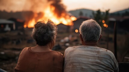 A pair of elderly individuals stand side by side, witnessing the devastating fire consuming the buildings of their village, symbolizing community resilience and shared grief.