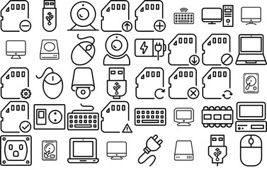 Mega Set Of Vector Communication Network Icons Web Header Banner Design Containing Memory,Sd,Hardware,Card,Computer Vector Illustration Linear Pictogram Pack