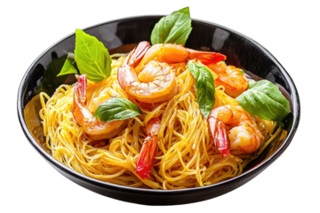 Plate of Singapore noodles with shrimp isolated on white background