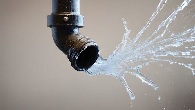 Close-Up of Damaged Household Water Pipe with Water Splashing Out | Detailed Leak and Urgent Plumbing Repair | Clear Texture and Condition | Neutral Background