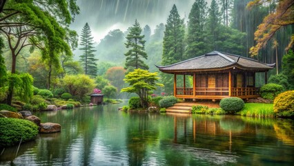 Obraz premium Serene Sanctuary: Gentle wind, calming rain, meditative solitude, soft browns and greens, peaceful ambiance