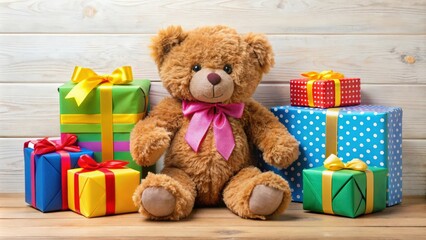 Teddy bear surrounded by colorful gifts , toys, presents, surprise, stuffed animal, Christmas, birthday, celebration, festive, holiday