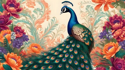 Fototapeta premium Illustration of a Peacock in Full Display on Vibrant Floral Background | Intricate Feather Patterns and Colors | Detailed Lush Flowers and Elegant Composition