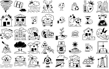 Set Of Linear Climate Change Vector Symbols Apps, Websites Ui Designs Suitable For Pollution,Earthquake,Disaster,Ecology,Nuclear Stroke Icon Collection. Vector Illustration