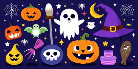 Halloween doodle set, vector October holiday spooky funny icon, horror cartoon scribble, skull, cat. Festive pumpkin face, cute ghost, witch broom, mystery scary celebration symbol. Halloween doodle
