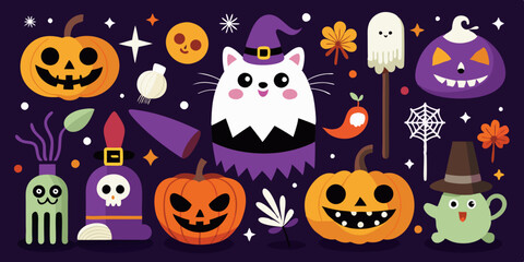 Halloween doodle set, vector October holiday spooky funny icon, horror cartoon scribble, skull, cat. Festive pumpkin face, cute ghost, witch broom, mystery scary celebration symbol. Halloween doodle