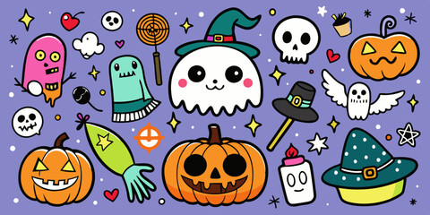 Halloween doodle set, vector October holiday spooky funny icon, horror cartoon scribble, skull, cat. Festive pumpkin face, cute ghost, witch broom, mystery scary celebration symbol. Halloween doodle