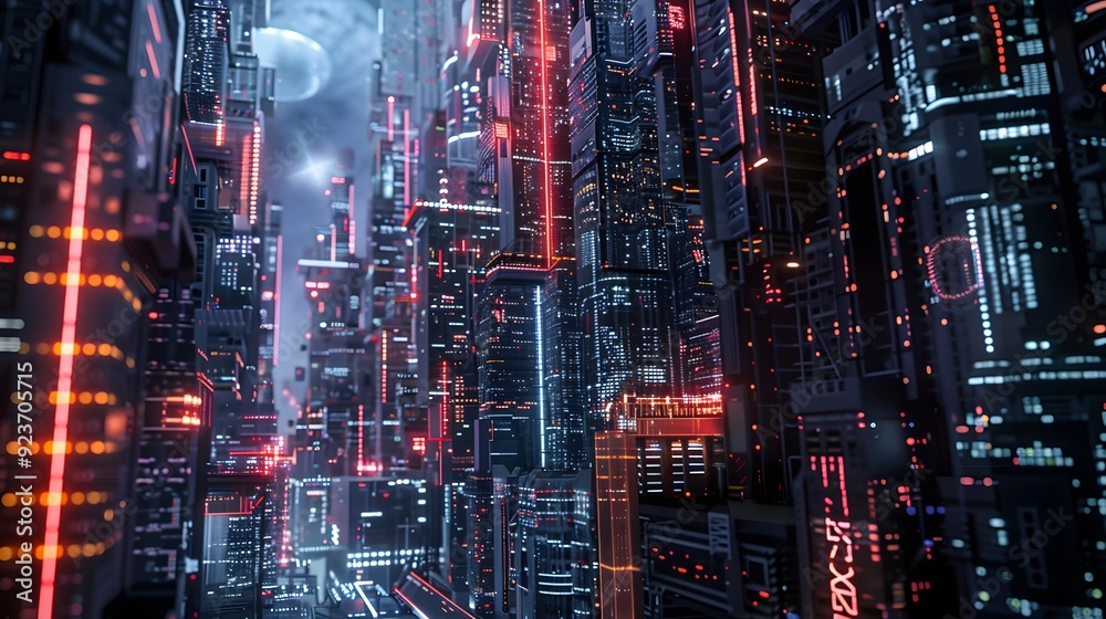 Poster a futuristic cityscape powered by deep neural networks, where every building and structure pulses wi