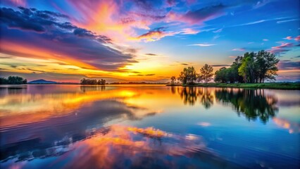 Obraz premium Tranquil landscape at dusk with colorful sky reflecting on calm water, evening, sunset, dusk, landscape, tranquil, sky