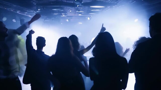 Happy carefree young people dancing in nightclub under neon light of disco ball. Crazy teenagers hanging out at crazy party listening to music. Pop concert. Night club rave. Mad wild dancers have fun.