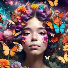 Obraz premium A captivating portrait of a young woman adorned with vibrant flowers and shimmering butterflies, set against a backdrop of swirling galaxies. Her colorful hair and floral makeup create a sense of ethe