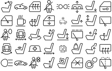 Mega Set Of Vector Car Dashboard Outline Part Icons Web Header Banner Design Containing Car,Seat,Height,Side,Adjustment Stroke Icon Collection. Vector Illustration