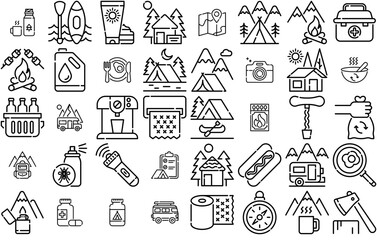 Set Of Camping Icons Collection Isolated Silhouette Solid Icons Including Camping,Travel,Camp,Fire,Food Set Vector Flat Line Icons