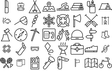Naklejka premium Set Of Camping Line Icons Silhouette Vector Logo Design Containing Camping,Navigation,Pocket-Knife,Axe,Knife Pictograms And Infographics Design Elements Vector Illustration