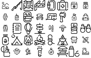 Naklejka premium A Collection Of Camping Adventure Vector Symbols Apps, Websites Ui Designs Suitable For Travel,Outdoor,Adventure,Hiking,Camping Pictograms And Infographics Design Elements Vector Illustration