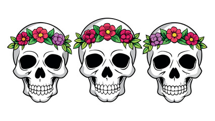 Dia de los Muertos set skulls with vibrant floral crowns, vector illustration. Ideal for holiday cards, party invites, and festive decor