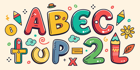 Doodle children font, cartoon funny alphabet, vector hand drawn scribble kid numbers, blobs. School wax crayon abc cute kindergarten handwriting letters, abstract shapes. Color pencil children font