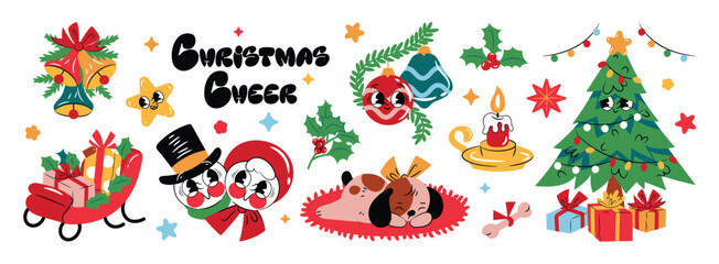 Merry christmas and happy new year cartoon characters decoration element set. Holidays greeting for design, poster, print, background.
