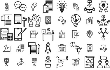 Naklejka premium Set Of Linear Business Project Isolated Silhouette Solid Icons With Clients-Service,Financial-Data,Brand-Book,Design,Creative Vector Illustration Linear Pictogram Pack