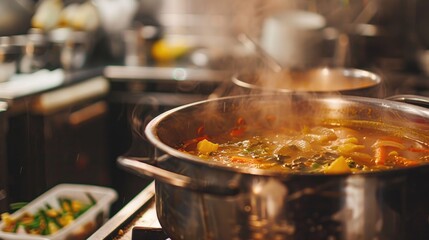 Simmering soup in a big stockpot at a restaurant