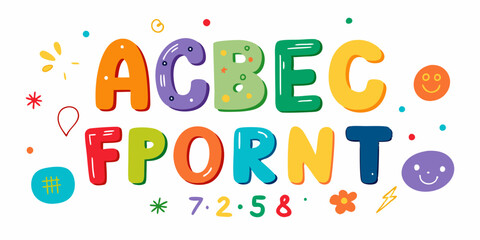 Doodle children font, cartoon funny alphabet, vector hand drawn scribble kid numbers, blobs. School wax crayon abc cute kindergarten handwriting letters, abstract shapes. Color pencil children font