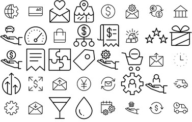 Set Of Linear Business E Commerce Thin Line Isolated Silhouette Solid Icons With Protection,Security,Currency,Email,Money Outline Icons Collection. Simple Vector Illustration