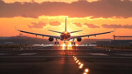 A breathtaking scene of an airplane touching down on the runway at sunset, symbolizing the excitement of travel and the allure of aviation