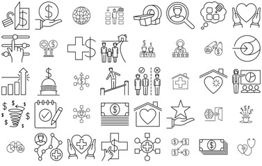 Set Of Linear Business Consulting Icons Silhouette Vector Logo Design Containing Healthcare-Costs,Human-Resources,New-Business,Health-Insurance,Spending Vector Icon Set Linear Pictogram Pack