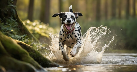 A playful Dalmatian dog joyfully splashes through a shallow stream in a lush, green forest. Perfect for websites and publications related to pets, nature, or outdoor adventure.