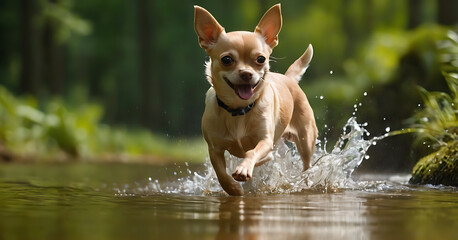A joyful Chihuahua dog playfully runs through a shallow stream in a lush, green forest. Perfect for pet websites, dog training blogs, or advertising campaigns promoting an active lifestyle for small b