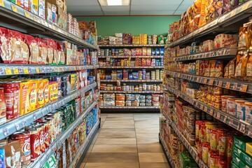Fototapeta premium Aisle of Canned Goods and Snacks in a Grocery Store