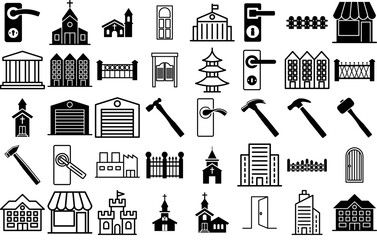 Set Of Buildings Isolated Silhouette Solid Icons With Architecture,Open,Construction,Building,House Simple Black Style Symbol Sign For Apps And Website, Vector Illustration
