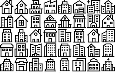 Set Of Linear Buildings Line Icons Web Header Banner Design Containing Building,Real-Estate,Flats,Apartments,Trade-Center Outline Icons Collection. Simple Vector Illustration