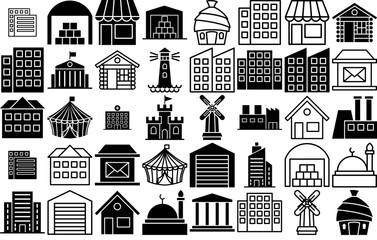 Set Of Linear Buildings Vector Symbols Apps, Websites Ui Designs Suitable For Building,House,Open,Architecture,Construction Vector Icon Set Linear Pictogram Pack