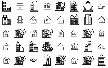 Set Of Linear Buildings Isolated Silhouette Solid Icons With Building,Architecture,City,Company,Office Set Vector Flat Line Icons
