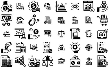 Set Of Budget Glyph Icons Collection Icons Collection Isolated Silhouette Solid Icons Including Financial-Analysis,Funds,Budget-Report,Financial-Analytics,Profit Set Vector Flat Line Icons