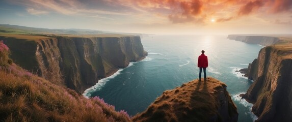 Solitary Figure on a Clifftop Overlooking the Ocean at Sunset