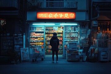 A Person Standing in Front of a Japanese Convenience Store at Night