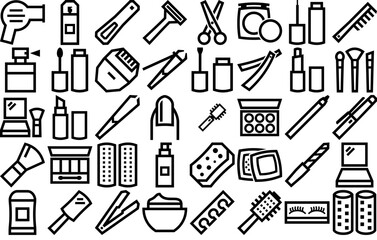 Set Of Linear Beauty Cosmetics Outline Vector Symbols Apps, Websites Ui Designs Suitable For Face,Hair,Makeup,Powder,Brush Set Vector Flat Line Icons