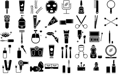 A Collection Of Beauty Glyph Vector Symbols Apps, Websites Ui Designs Suitable For Cream,Beauty,Lotion,Cosmetic,Makeup Stroke Icon Collection. Vector Illustration