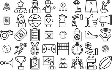 A Collection Of Basketball Line Icons Icons Silhouette Vector Logo Design Containing Athlete,Basketball-Game,Sports-Ball,Ball,Sports Outline Icons Collection. Simple Vector Illustration