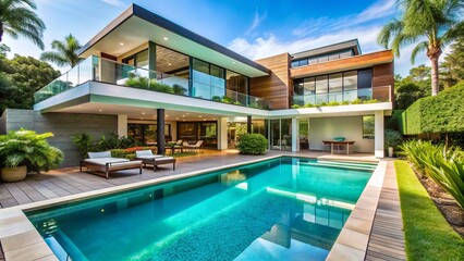Fototapeta premium Spacious luxury home with sleek modern design, turquoise swimming pool, and lush green surroundings, perfect for relaxation and entertainment on a sunny day.