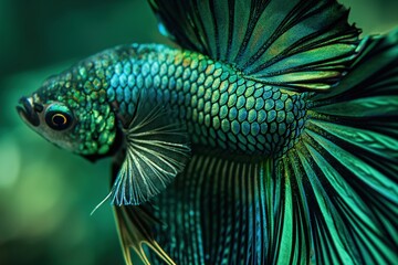 Close-up of a green betta fish with iridescent scales.